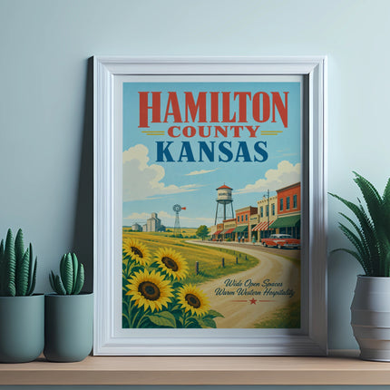 Vintage poster of Hamilton County, Kansas with sunflowers and a small town.