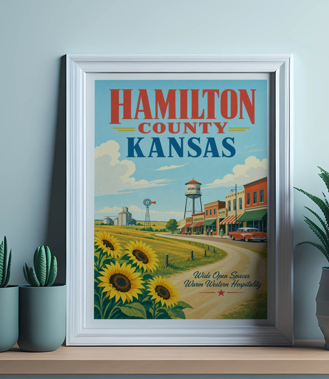Vintage poster of Hamilton County, Kansas with sunflowers and a small town.