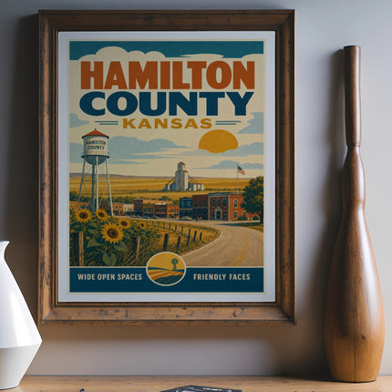 Hamilton County, Kansas vintage travel poster with sunflowers and water tower.