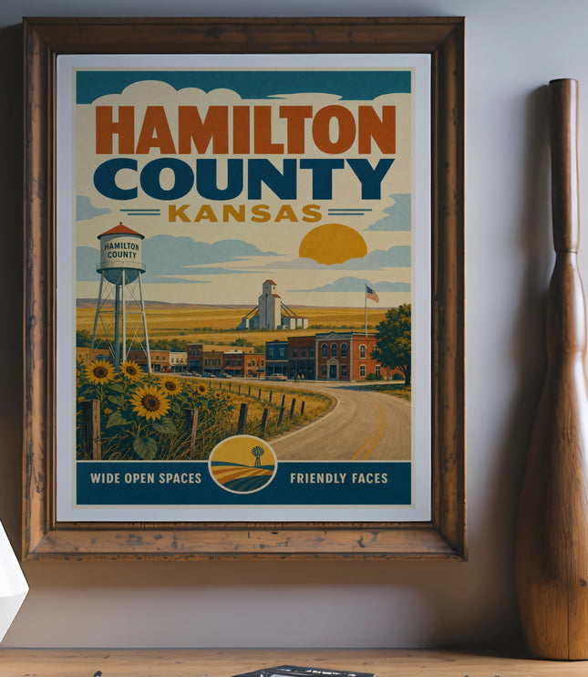 Hamilton County, Kansas vintage travel poster with sunflowers and water tower.