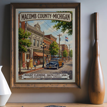 Vintage poster of Macomb County, Michigan, depicting a street scene with a family and classic car.