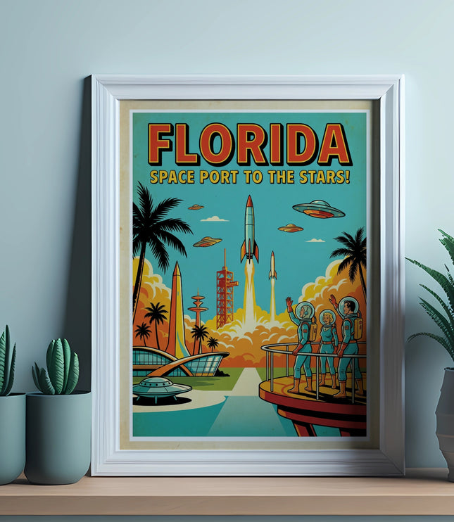 Florida Space Port to the Stars retro poster with rockets, astronauts, and UFOs.