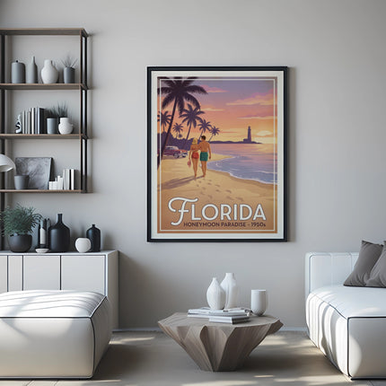 Retro Florida honeymoon poster with couple walking on beach at sunset.