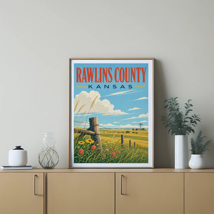 Vintage travel poster for Rawlins County, Kansas, featuring a rural landscape.