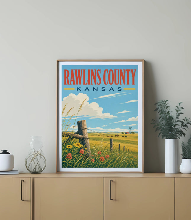Vintage travel poster for Rawlins County, Kansas, featuring a rural landscape.