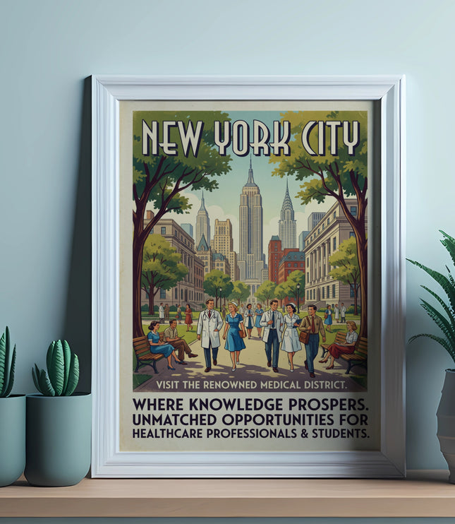 New York City poster advertising the medical district with doctors and nurses.