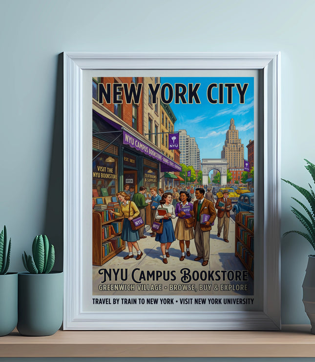 Vintage New York City poster for NYU Campus Bookstore featuring students and Washington Square Arch.