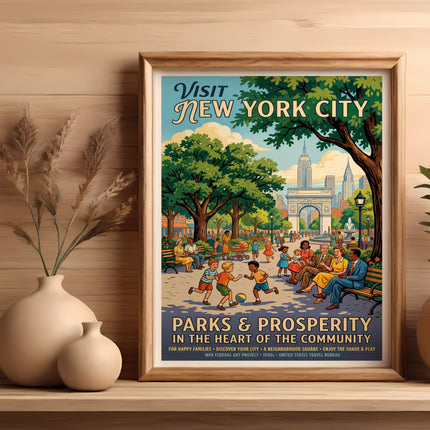 Vintage WPA poster for New York City parks and prosperity, featuring families playing.