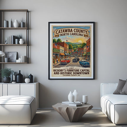Vintage poster for Catawba County, NC, featuring downtown Hickory and shops.