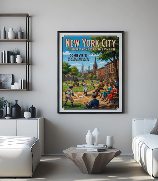 New York City poster with baseball scene and text "Come Visit! Enjoy Baseball in Our Neighborhood Parks!".