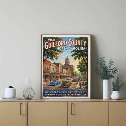 Vintage poster for Guilford County, North Carolina, with town scene.