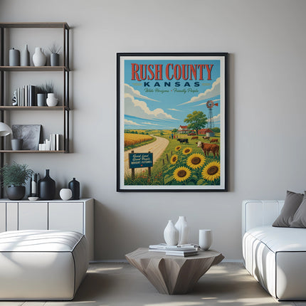 Rush County Kansas travel poster with sunflowers and farm scene.