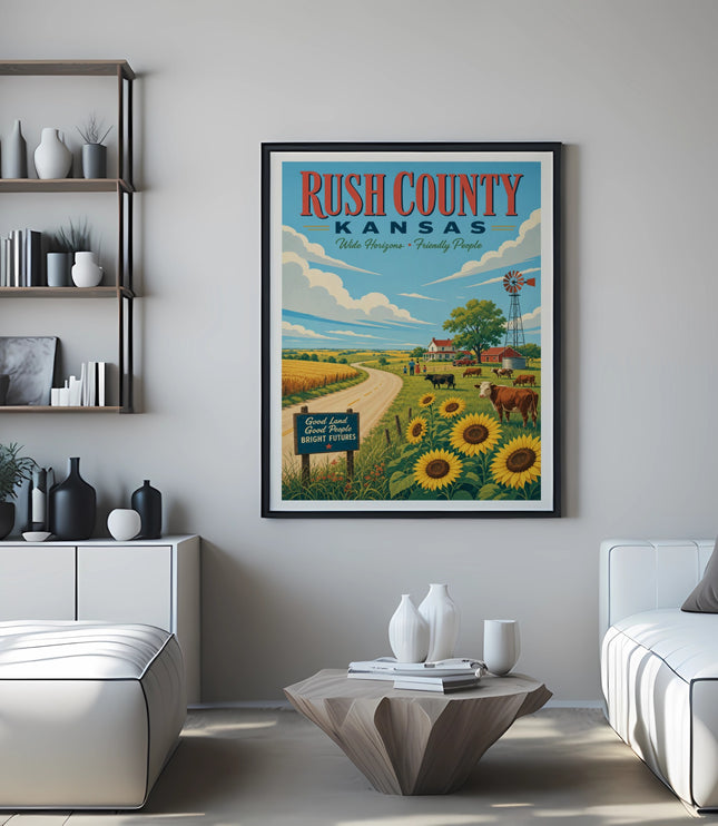 Rush County Kansas travel poster with sunflowers and farm scene.