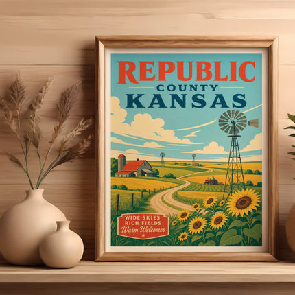 Republic County Kansas vintage travel poster with sunflowers and windmill.