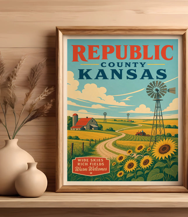 Republic County Kansas vintage travel poster with sunflowers and windmill.