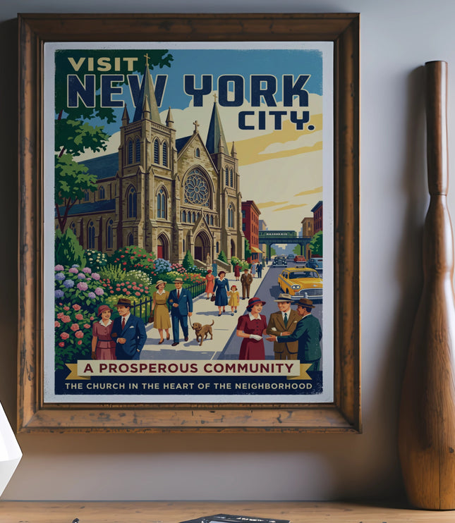 Visit New York City poster featuring a church, people, and vintage cars.