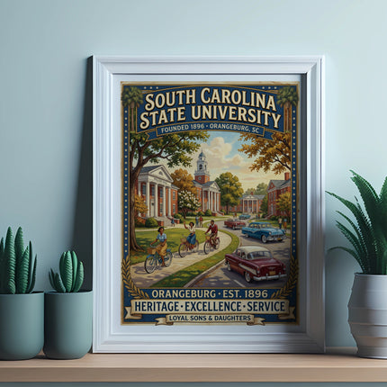 South Carolina State University poster with vintage campus scene and text.