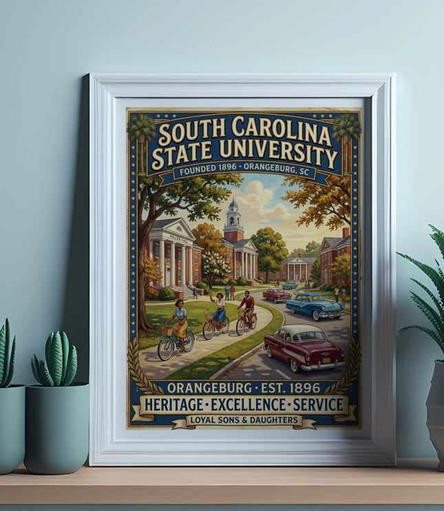South Carolina State University poster with vintage campus scene and text.