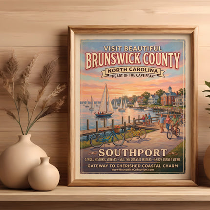 Retro poster for Southport, Brunswick County, North Carolina with sailboats and people.