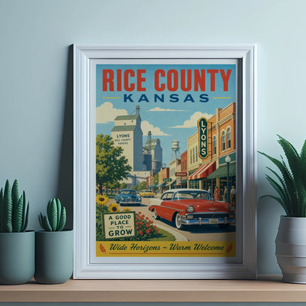 Retro poster of Rice County, Kansas, featuring a vintage car and Lyons storefronts.