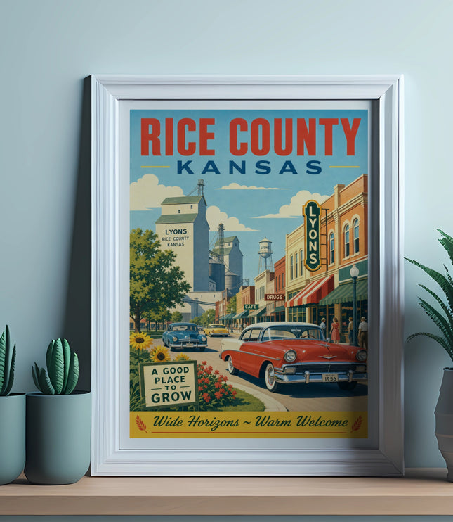 Retro poster of Rice County, Kansas, featuring a vintage car and Lyons storefronts.