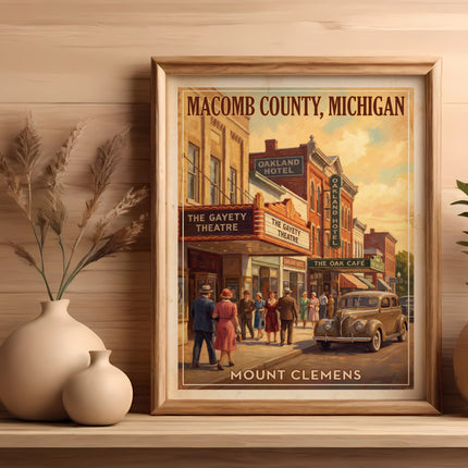 Vintage poster of Macomb County, Michigan, featuring Mount Clemens and The Gayety Theatre.