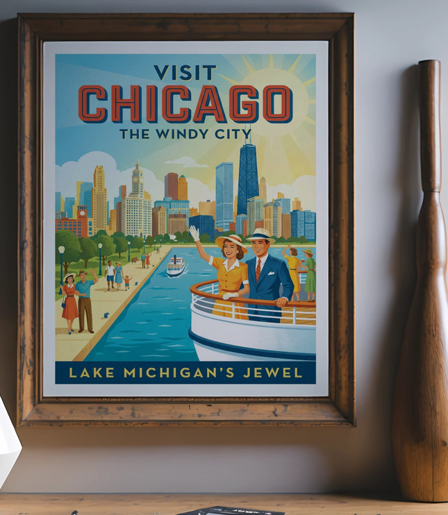 Retro poster with "Visit Chicago The Windy City Lake Michigan's Jewel."