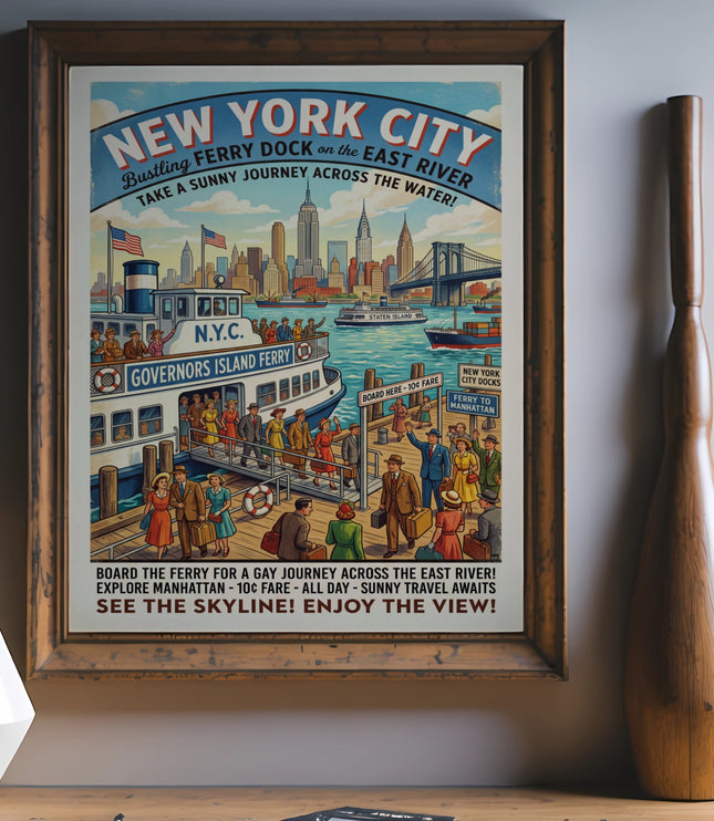 New York City ferry poster depicting the skyline, Governors Island ferry, and people boarding.