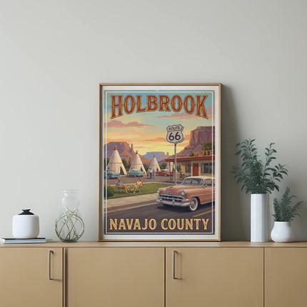 Holbrook Navajo County Route 66 retro vintage travel poster with cars and teepees.