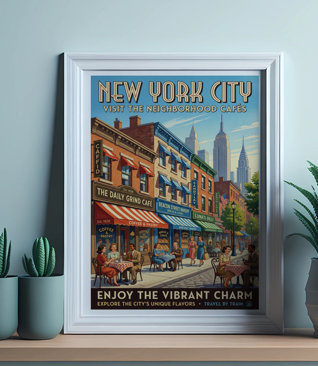 Vintage New York City poster featuring neighborhood cafes and street scenes with text.