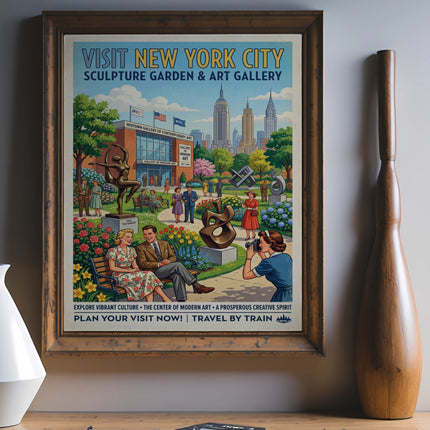 New York City sculpture garden and art gallery vintage travel poster.