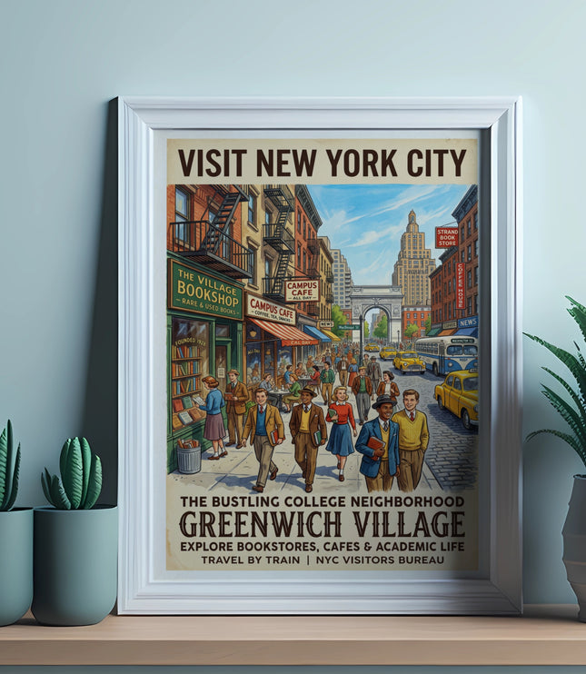 Vintage poster for Greenwich Village, New York City, featuring shops and people.