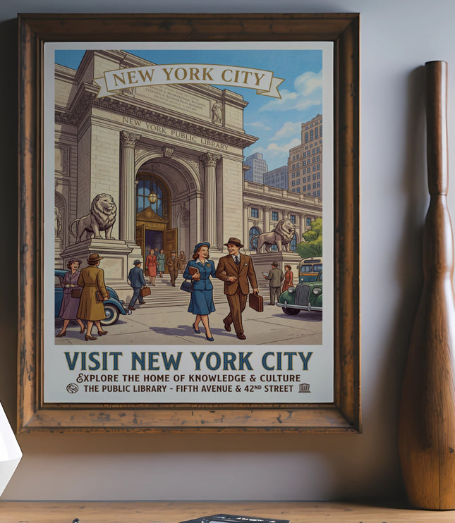 New York City poster showing the Public Library with people and vintage cars.