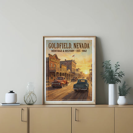 Goldfield, Nevada Heritage & History vintage poster with retro trucks.