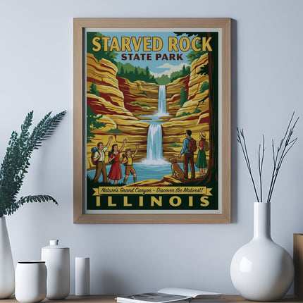 Starved Rock State Park poster featuring a waterfall and stylized people.
