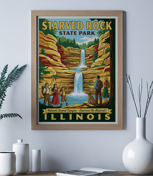 Starved Rock State Park poster featuring a waterfall and stylized people.