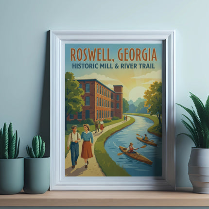 Framed poster of Roswell, Georgia historic mill and river trail with people walking and kayaking.