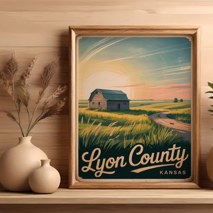 Framed artwork of a rustic barn in a field with "Lyon County, Kansas" text.
