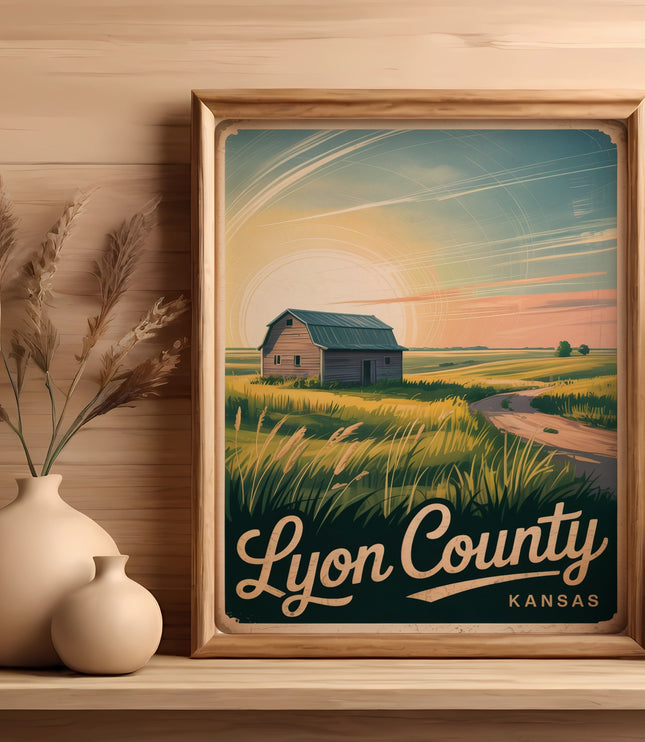 Framed artwork of a rustic barn in a field with "Lyon County, Kansas" text.