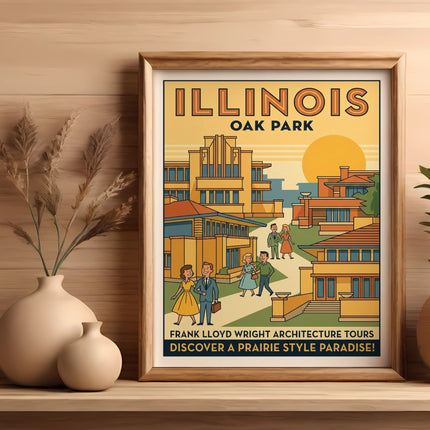 Framed "Illinois Oak Park" travel poster featuring Frank Lloyd Wright architecture.