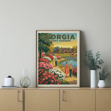 Callaway Gardens Georgia poster with people walking by colorful flowers.