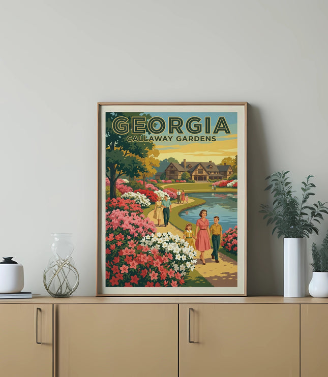 Callaway Gardens Georgia poster with people walking by colorful flowers.
