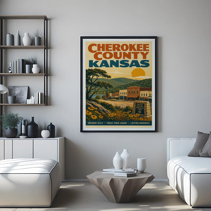 Vintage travel poster for Cherokee County, Kansas, featuring a town scene.