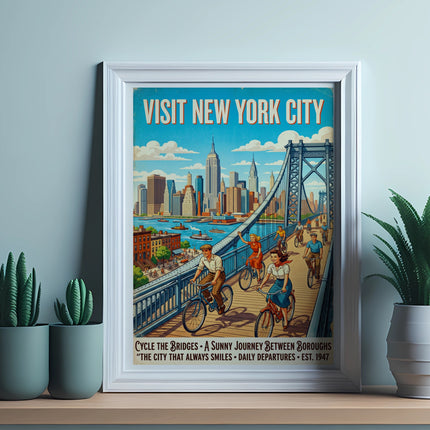 New York City vintage travel poster with skyline and cyclists on bridges.