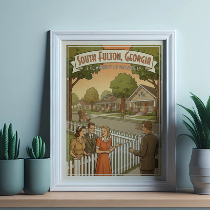 Vintage illustration of families in a suburban neighborhood with "South Fulton, Georgia" text.
