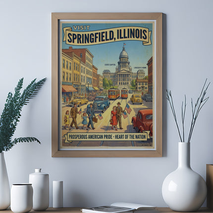 Vintage poster for Springfield, Illinois featuring Lincoln's Home and State Capitol.