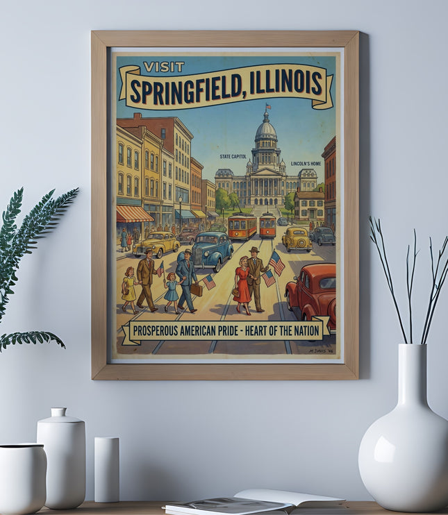 Vintage poster for Springfield, Illinois featuring Lincoln's Home and State Capitol.