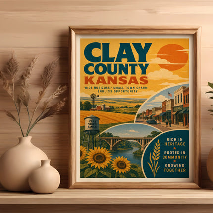 Clay County Kansas poster with vintage scenes and text.