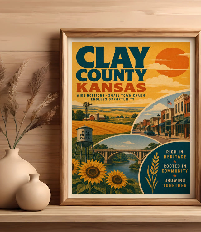 Clay County Kansas poster with vintage scenes and text.