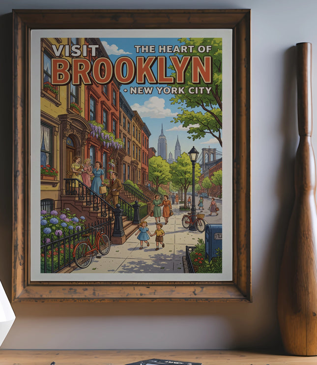 Visit Brooklyn, the heart of New York City poster featuring a brownstone street scene.